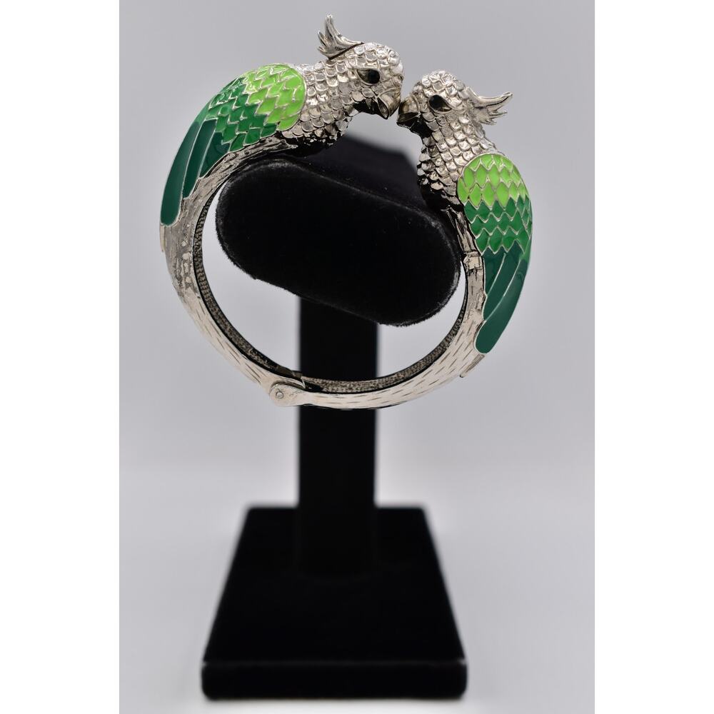 Vintage Kissing Parrot Bird Cuff Bracelet Green Hinged Animal Bangle Y2K BinAD